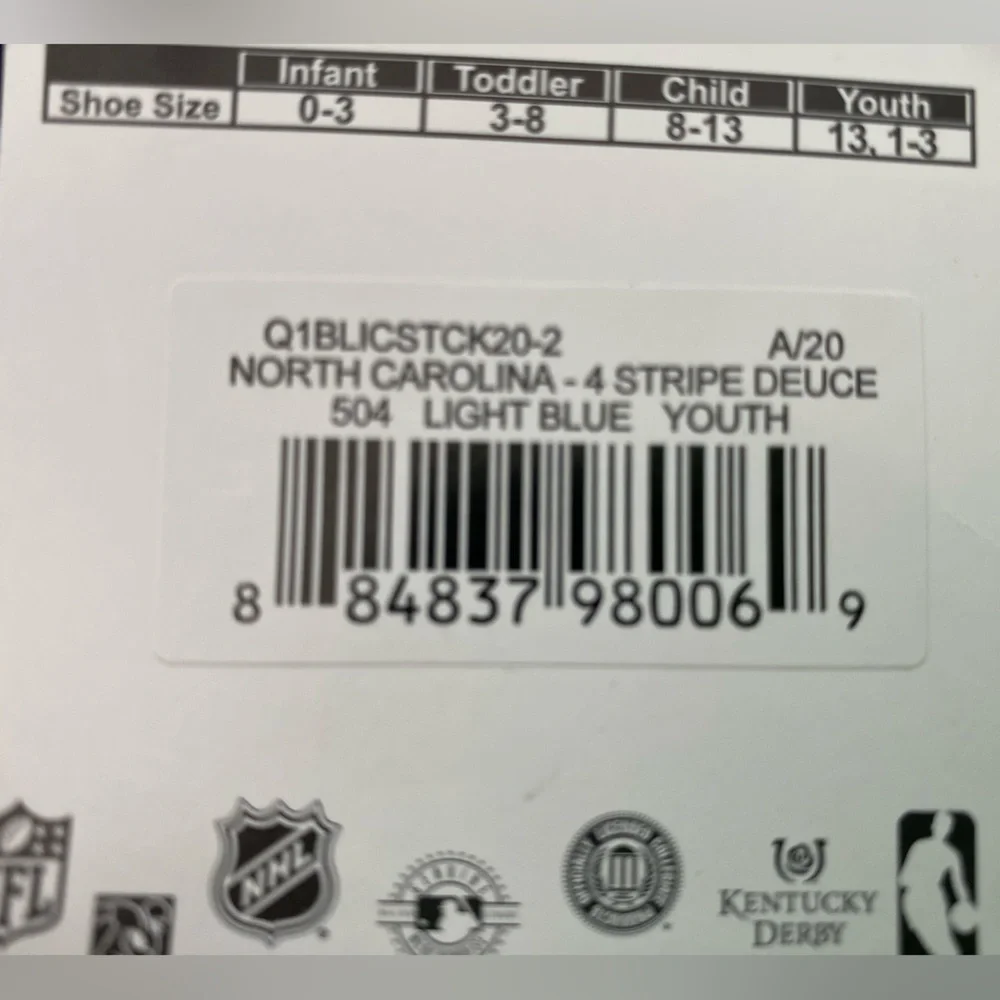 For Bare Feet Youth North Carolina Tar Heels 4-Stripe Deuce crew socks 13.(1-3)